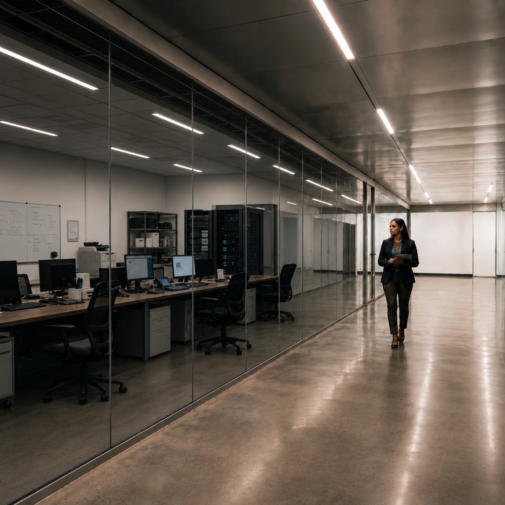 Modern enterprise cybersecurity and tech infrastructure glass server room